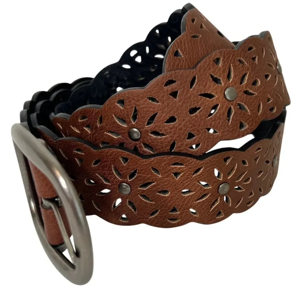 Womens Brown Cutout Floral Belt Silver Tone Buckle Unbranded Boho Western